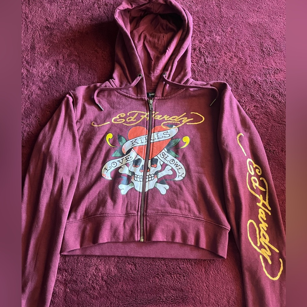 Ed Hardy Maroon Hoodie with Skull Graphic